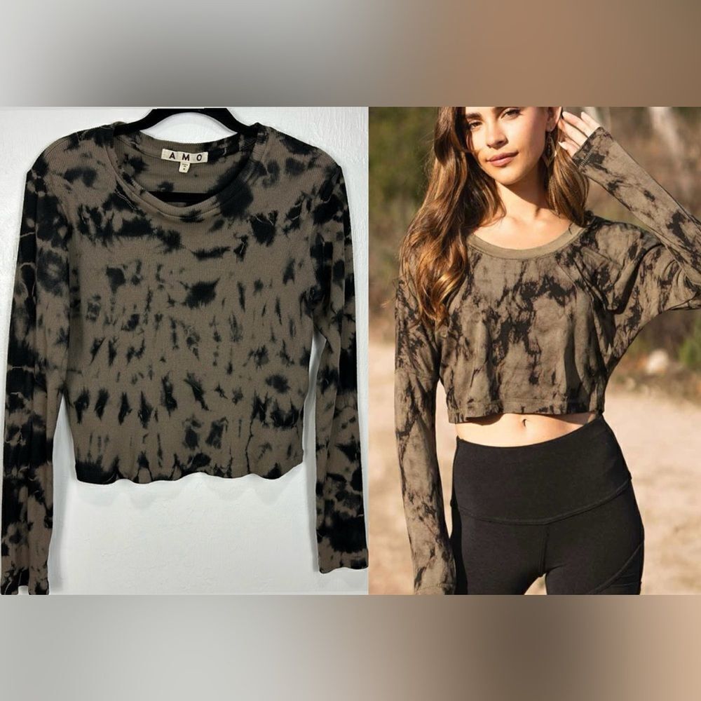 AMO Beige Black Tie Dye Ribbed Knit Cropped Long Sleeve Top Size M